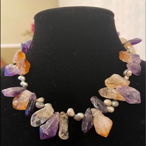 Natural stones necklace amethyst/citrine/pearls 17”